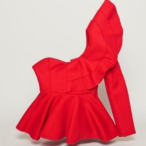 3D Ruffle 1 Shoulder Structured Top~Women's Small~Peplum Backless One Sleeve~Red